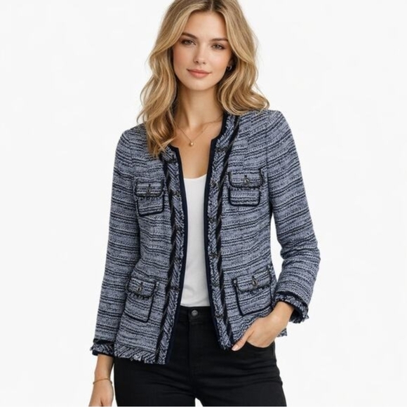 White House Black Market Jackets & Blazers - White House Black Market Blazer Jacket Women's 14 Blue Tweed Fringe Chain Formal
